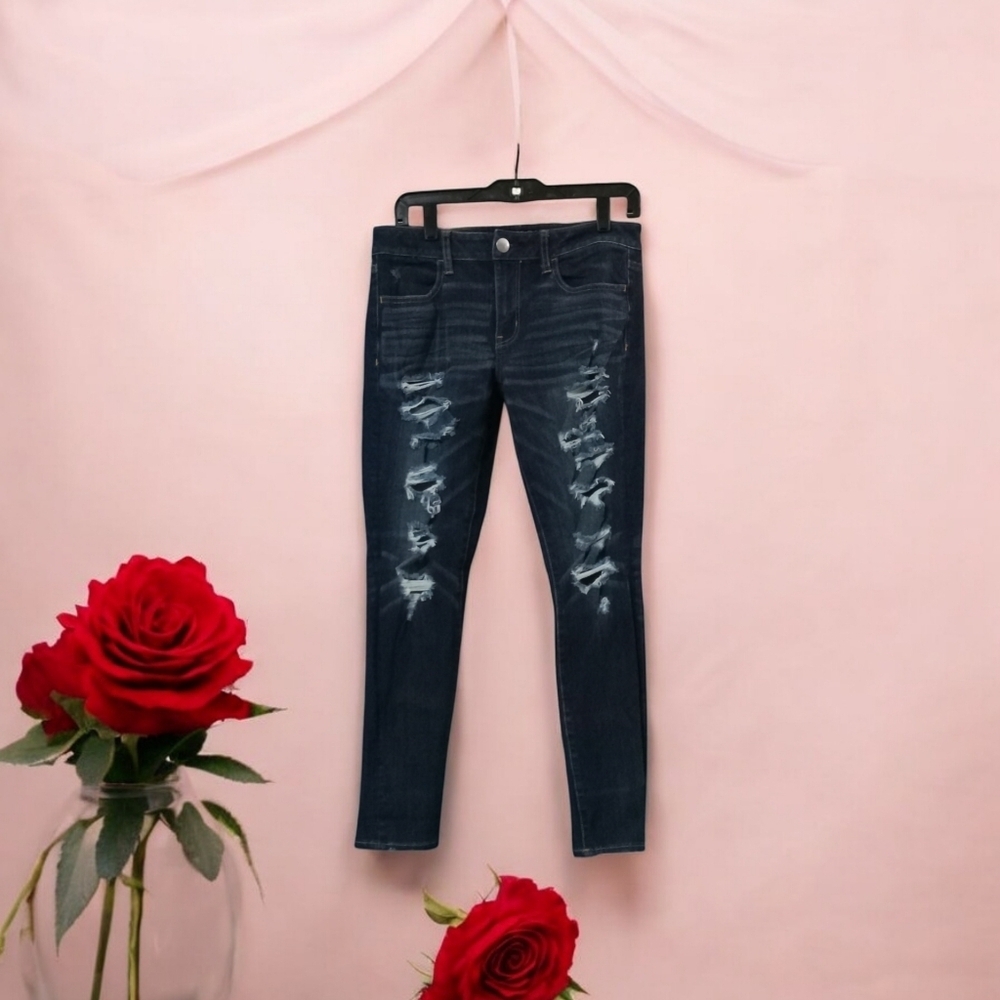 AMERICAN EAGLE OUTFITTERS BLUE JEAN JEGGINGS SIZE 8 REG. DISTRESSED-RIPPED WOMEN